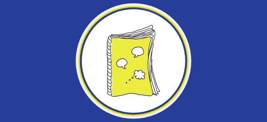 On a royal blue background, a white circle with a royal blue and chartreuse yellow outline is placed in the centre. Inside the circle is a chartreuse yellow notebook with speech bubbles drawn on the cover.