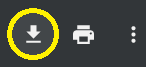 Trois icônes sont représentées sur un fond noir. À gauche, la première icône est une flèche pointant vers le bas, placée au-dessus d'une ligne horizontale. Au milieu se trouve l'icône d'une imprimante, et à droite, trois points blancs. La première icône représentée est le bouton de téléchargement. Il est entouré en jaune.