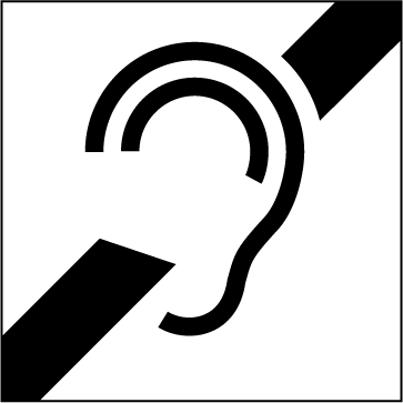 Le cinquième symbole est celui utilisé pour indiquer les systèmes d’écoute assistée. Il s'agit du dessin simplifié d’une oreille avec une épaisse ligne diagonale noire derrière elle. 