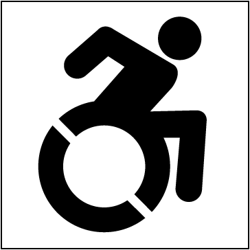 Le troisième symbole est le symbole dynamique d’accessibilité. Il s’agit d’un dessin simplifié d’une personne en fauteuil roulant, penchée vers l’avant et le bras en arrière, comme si elle poussait le fauteuil rapidement. 