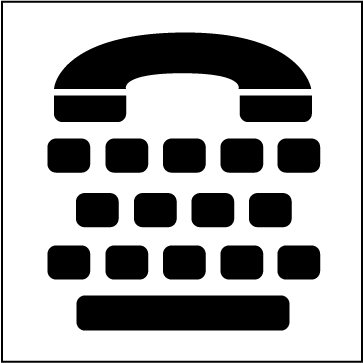 Le huitième symbole est le symbole international du TTY. Un combiné téléphonique se trouve au-dessus de trois rangées de carrés noirs pour indiquer un clavier. 