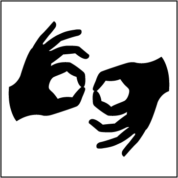 Le septième symbole est celui utilisé pour indiquer l’interprétation en langue des signes. Il s’agit de deux mains dont le pouce et l’index sont réunis et dont les trois derniers doigts sont tendus. Une main est à l’envers par rapport à l’autre. 