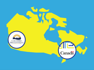 Une carte du Canada en jaune apparaît sur un fond bleu clair. Les logos de la Colombie-Britannique et de Normes d'accessibilité Canada se trouvent de chaque côté.