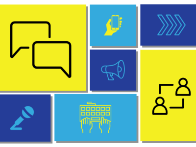 Un groupement de rectangles jaunes et bleus qui constituent le logo de l'assemblée publique annuelle.